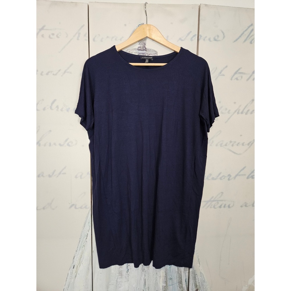 Eileen‎ Fisher T-Shirt Dress PS Navy Blue Short Sleeve Viscose Jersey Pockets